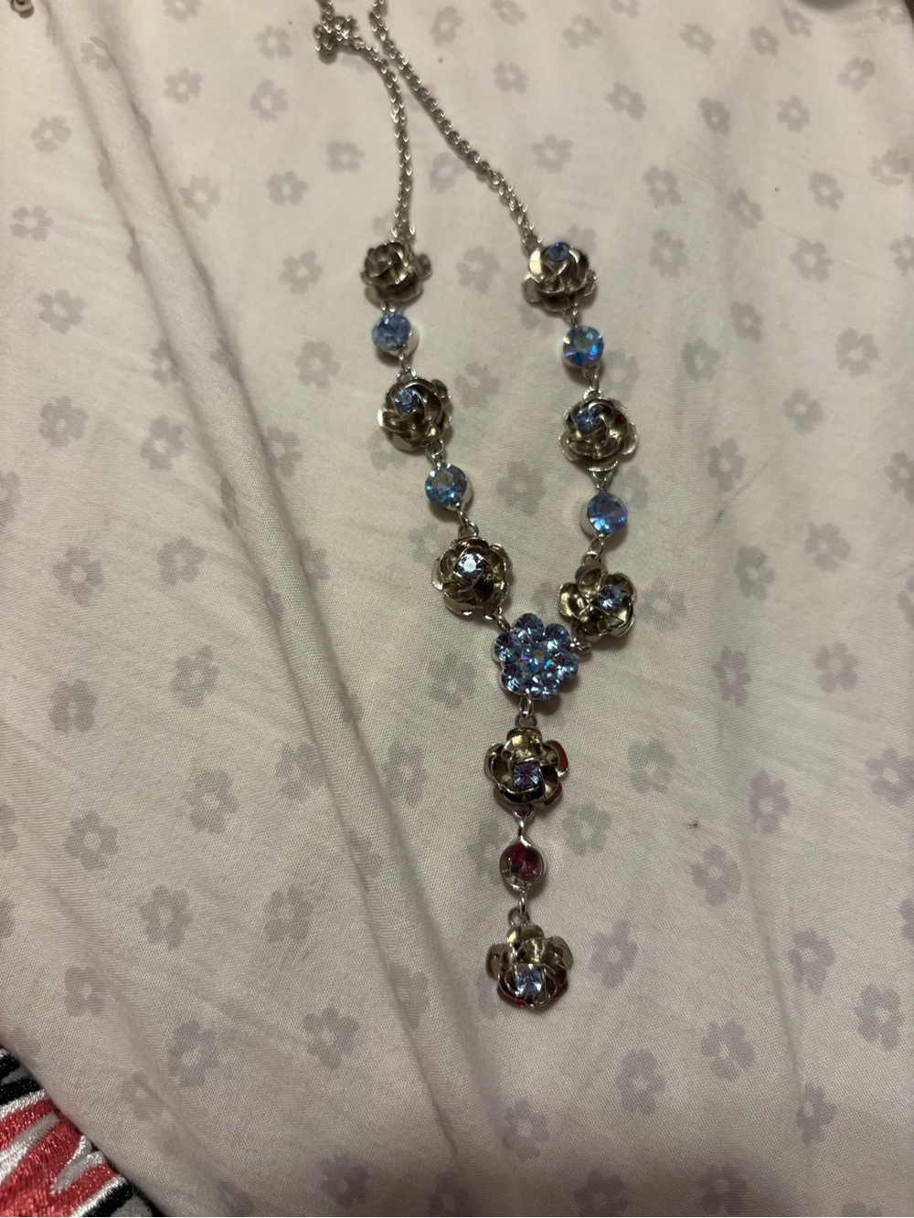 Silver Floral Crystal Drop Necklace - Blue Accent